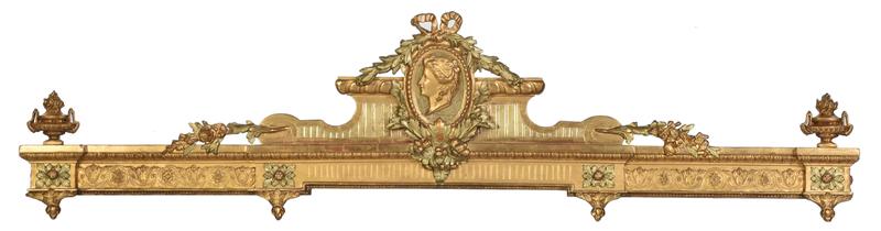 Victorian Carved and Giltwood Valance: probably American, late 19th century, central portrait medallion flanked by floral and urn ornaments, 18 x 77-1/2 x 9 in.ÿ, Provenance: Private Collection, Matthews, North Carolina