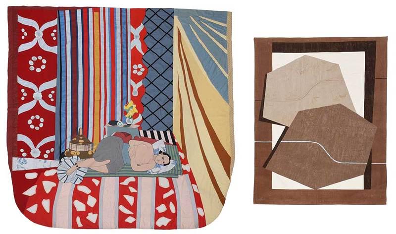 Two Modern Quilted Textiles: possibly Asian, figural cotton quilt of woman reclining on a day bed, 102 x 107 in.; geometric tan ultra suede with hanging rod, signed bottom right, "Ottanelli", 71 x 55 in. ÿ, Provenance: Private C