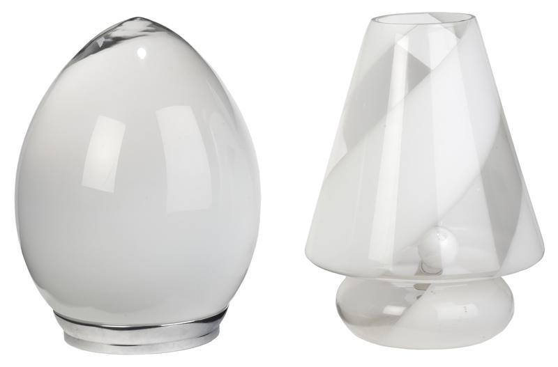 Modern White Glass Pendant Shade and Table Lamp: Italian, 20th century, large bullet form shade, 17-1/4 in.; mushroom lamp with clear and white swirled pattern, one socket, 18-1/2 in., Provenance: Private Collection, Asheville, North Carolina