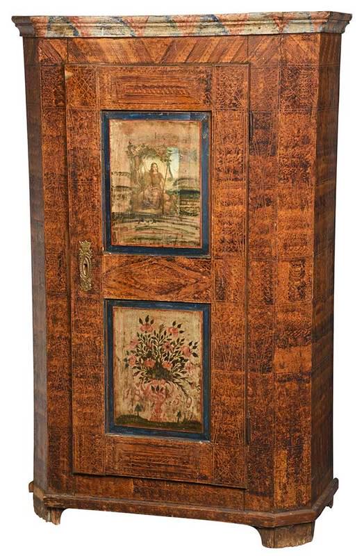 Austrian Paint Decorated Paneled Cupboard: Continental, 19th century, with faux painted cornice over grain painted case, opening to painted and shelved interior, the upper panel has an applied print, lower panel with urn and panels and dated 1