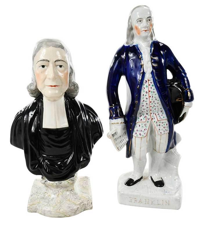 Staffordshire, John Wesley and Benjamin Franklin: British, 19th century, bust of John Wesley, 12 in.; standing figure of Franklin in cobalt jacket, labeled "Franklin", 14 in., Provenance: Collection of Laurence and Helen Alspaugh, Greensboro, North C