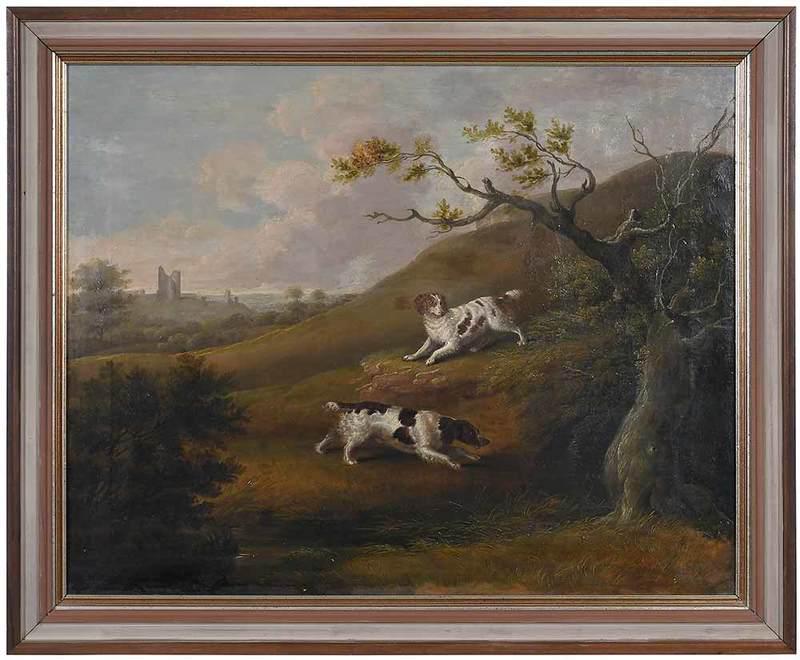 British School: (19th century)Two Spaniels Flushing Game, indistinctly signed lower right by tree trunk "W... 18...", oil on canvas, 24 x 30 in.; carved and painted wood frame, 28-3/4 x 34-3/4 in., Provenance: Collec