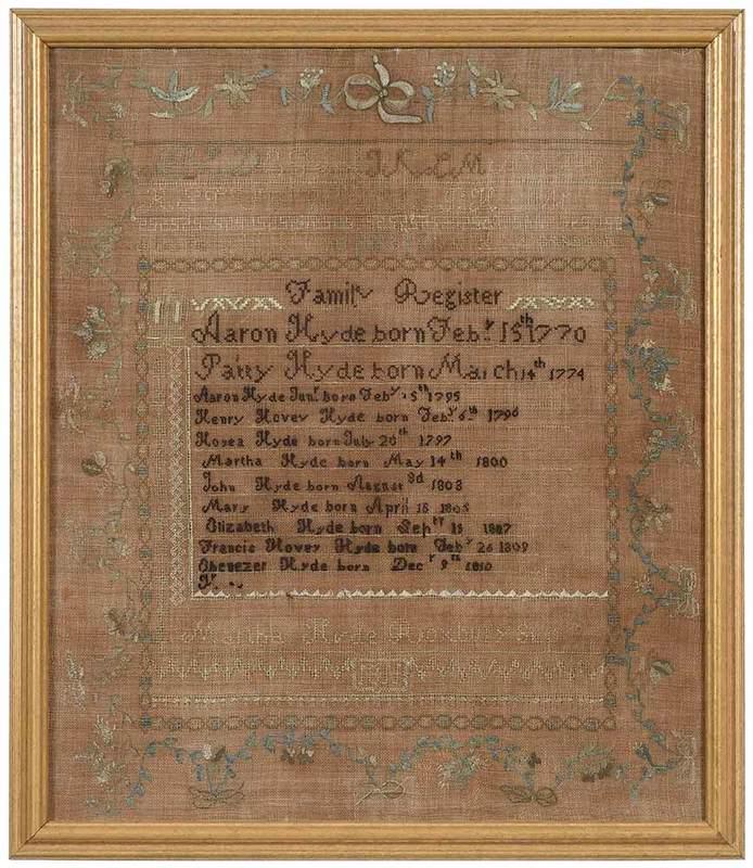 Massachusetts Embroidered Family Registry: Roxbury, Massuchusetts, circa 1811, registry for the Hyde family beginning with Aaron Hyde born 1770, signed "Martha Hyde Roxbury Sep 1811", meandering floral vine border with bows, silk on linen, 19-