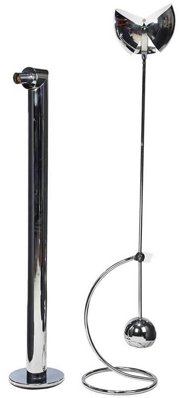 Two Mid Century Modern Chrome Floor Lamps: mid 20th century, chrome plated stand with protruding light, 60-3/4 in.; chrome plated counter balance floor lamp, rotating ball shade, 73 in., Provenance: Private Collection, Asheville, North Carolin