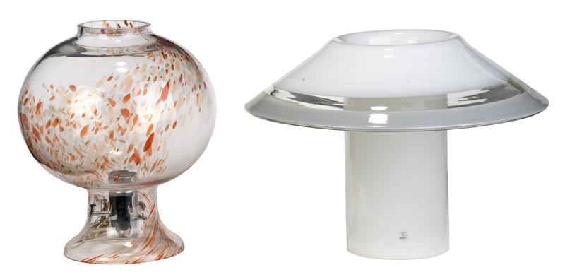 Two Modern Glass Table Lamps: Italian, 20th century, shaped white and clear glass with shade with socket to interior wall, 13-1/4 x 18 in.; clear glass globe with flared foot, red frit decoration, 14 x 12 in.ÿÿ, Provenance: Priv