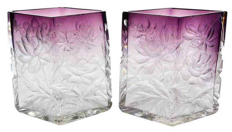 Pair of Amethyst to Clear Art Glass Vases: possibly Moser, diamond form, intaglio floral decoration, each 9-1/4 in., Provenance: Private Collection, Virginia
