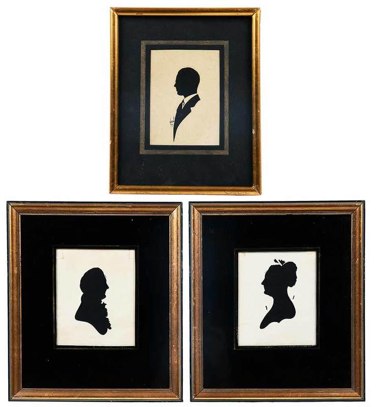 Three Framed Silhouettes, One Dai Vernon: Canadian/Continental, 19th/20th century, one signed "Vernon 1929", 7 x 4-1/2 in.; one pair, man and woman, artist/maker's marks, sight 5-1/2 x 4-3/4 in.; gilt wood frames, largest 11-1/2 x 10 in., Pro