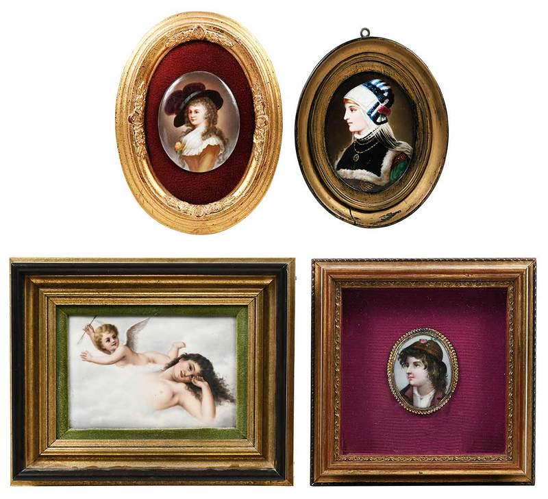 Group of Four Painted Porcelain Plaques: Continental, 19th/20th century, Portrait of Boy, set in locket, sight 2 x 1-1/2 in.; Portrait of Lady With Headress, 3-1/2 x 2-3/4 in.; Woman and Putti, 3-3/4 x 5-1/4 in.; Lady With White Headdress, 4