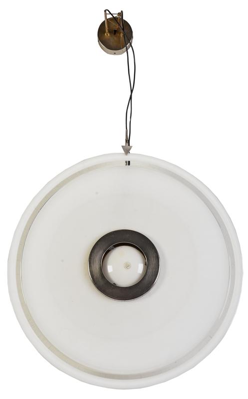 Large Round Murano Glass Pendant Wall Light: Italian, 20th century, white and clear glass disk with central chrome mounting and socket, for displaying against a wall, 25 in. diameter, Provenance: Private Collection, Asheville, North Carolina