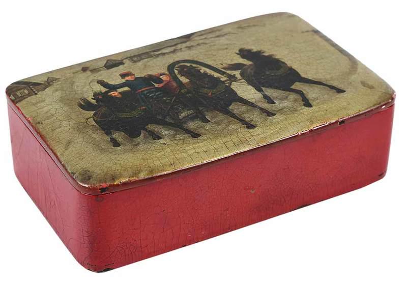 Russian Lukutin Lacquered Papier Mache Box: 19th century,ÿhinged lid painted with Winter troika scene, red lacquer interior, gilt Lukutin Manufactory, Fedoskino marks to underside of lid, 1-1/2 x 5-1/8 in., Provenance: Private Collection, Char