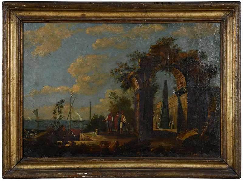 Italian School Painting: (18th century)A Capriccio of a Waterfront with Ruins, unsigned, oil on canvas, 18-1/2 x 26-3/8 in.; original gilt wood frame, 23-1/2 x 31-3/8 in., Provenance: The Estate of Robert and Joan Rash, Charl