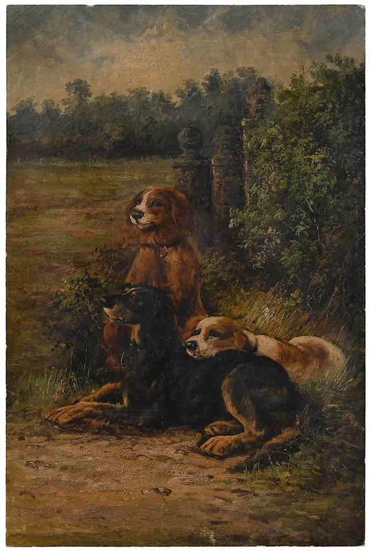 British School Sporting Painting: (20th century)Waiting, three spaniels, unsigned. oil on canvas laid on panel, 36 x 24 in.; unframed