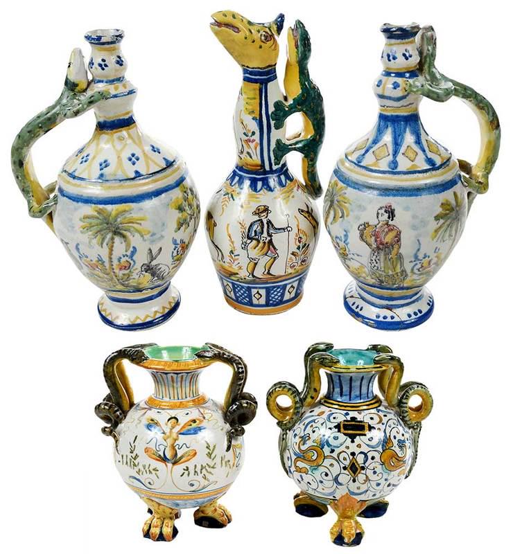 Three Talavera Majolica Ewers and Two Vases: Spanish, late 19th/early 20th century, two similar figural ewers with hunt scenes and figures, applied lizard handles; animal spout, lizard handle, decorated with figures and animals; together with tw
