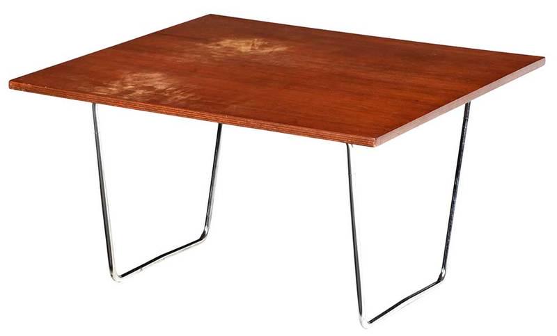 Fritz Hansen Modern Danish Side Table: mid 20th century, teak with two shaped chrome stands, with label "Made in Denmark / 1064 / by Fritzhansen", 15-1/2 x 27-1/2 x 27-1/2 in., Provenance: Private Collection, Washington, D.C.