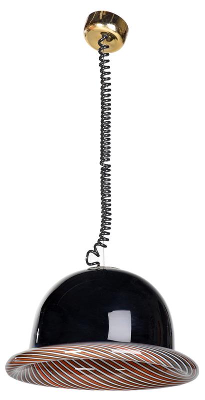 Modern Glass Pendant Shade with Swirl Pattern: 20th century, with opaque black exterior, swirled red and white interior pattern, rolled outer rim, with coiled pendant cord, 16-1/2 in. diameter, Provenance: Private Collection, Asheville, North Caro