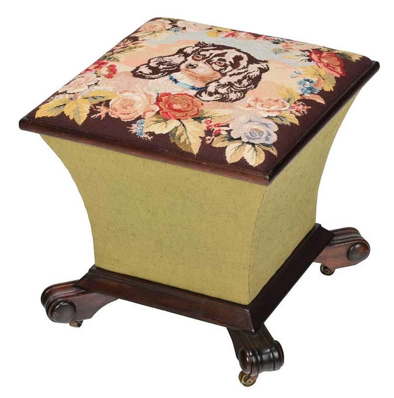 Classical Style Mahogany, Needlepoint Footstool: American, 19th/20th century,ÿhinged lidded with needlepoint spaniel opens to fabric lined interior, cabriole scroll feet with casters, 16 x 15-1/2 x 15-1/2 in., Provenance: Private Collection, Washin