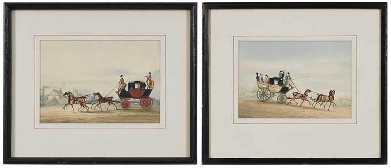 Henry Thomas Alken, Sr.: (British, 1785-1851)Two preparatory sketches of Coaching Scenes, signed "H. Alken", watercolors on paper, 4-1/2 x 6-5/8 in.; matching black painted frames, 8-5/8 x 10-1/4 in., Provenance: Private New