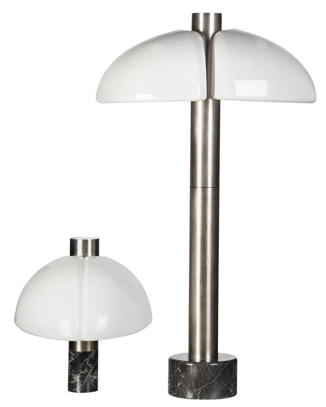 Modern Chrome Floor Lamp and Table Lamp: Italian, 20th century, in the manner of Gae Aulenti, matte chrome plated steel cylinder with double acrylic shades, on thick marble base, 63-1/4 in.; table lamp in similar design, with single acrylic 