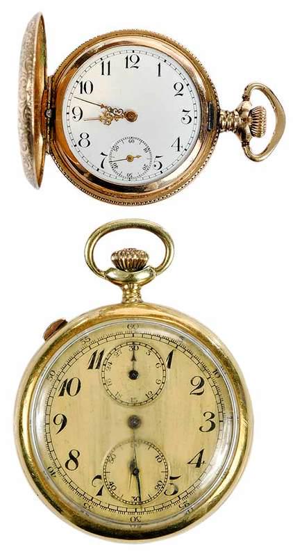 Longines 14kt. Pocket Watch, Ladies Pocket Watch: Longines chronograph, 48mm case, Arabic numeral hour marks, inside case stamped "14K, 1804971, A. W. Longines, W. Co. Swiss" and with squirrel hallmark, movement stamped "Longines, W. Co. Swiss, 17 je