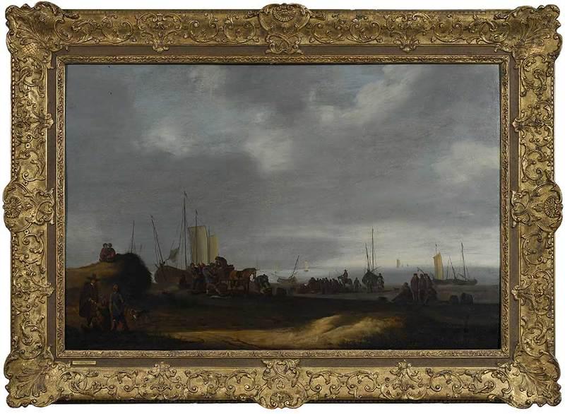 Adriaen Lievensz van der Poel: (Dutch, 1626-1685)Fish Market on a Beach, signed indistinctly lower left "Av P", oil on oak panel, 27-7/8 x 42 in.; gilt wood and composition frame, 37-5/8 x 52 in.Note: This lot is accompanied by cor