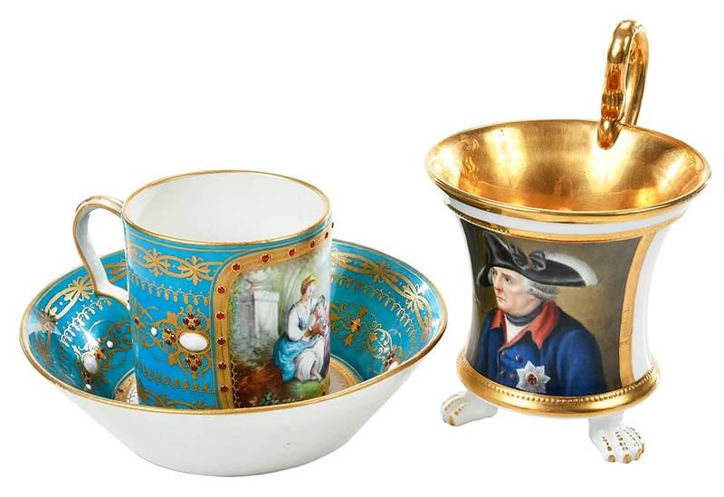 Finely Jeweled Sevres Cup and Saucer, KPM Cup: French, late 18th/early 19th century, cup decorated with hand painted scene of courtship, 3 in.; saucer decorated with musical instruments, 1-1/2 x 5-3/4 in.; both with celestial blue ground, intricat