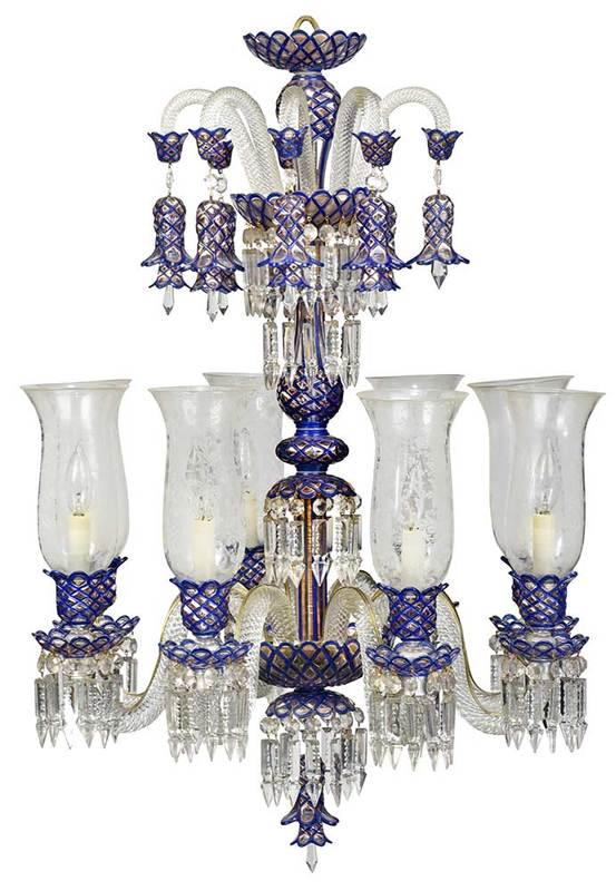 Enamel Decorated Eight Crystal Chandelier: 20th century, twisted glass arms with blue and gilt enamel decoration, etched shades, double blossom form pendant drops, wired for electricity, 27 x 37 in.˜, Provenance: Private Collection, Athens, A