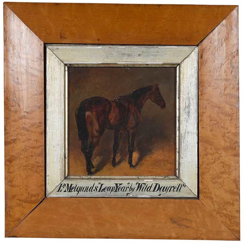 British School Sporting Painting: (19th century)Lord Melgund's Leap Year˜by Wild Dayrell, unsigned, oil on panel, 9-3/8 x 9-3/8 in.; 19th century veneered wood frame 12-3/8 x 12-3/8 in.Note: Wild Dayrell is the name of the thoroughbr