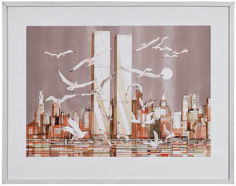 Viktor Schreckengost: (Ohio/Florida,˜1906-2008)View of the World Trade Center Twin Towers, New York City, signed lower right "Viktor Schreckengost" and signed verso, watercolor and ink on artist board, 22 x 30-1/4 in.; co