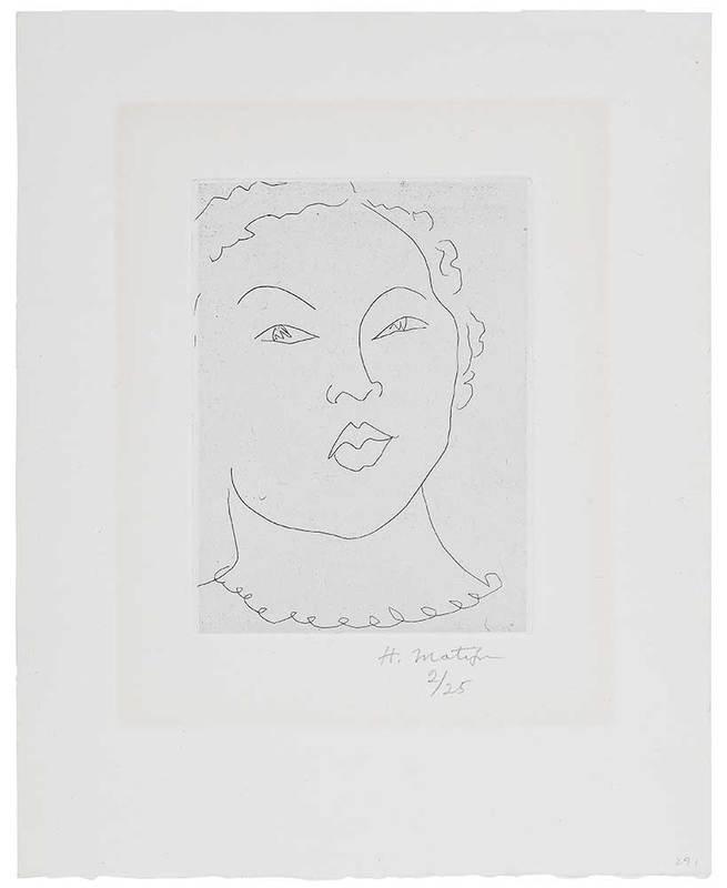 Henri Matisse: (French, 1869-1954)T?te de jeune femme, edition 2/25, signed lower right "H. Matisse", etching on˜gray chine coll?˜on˜cream wove paper, plate 5-7/8 x 4-1/4 in. sheet 11-1/8 x 8-3/4 in.; gilt wood f