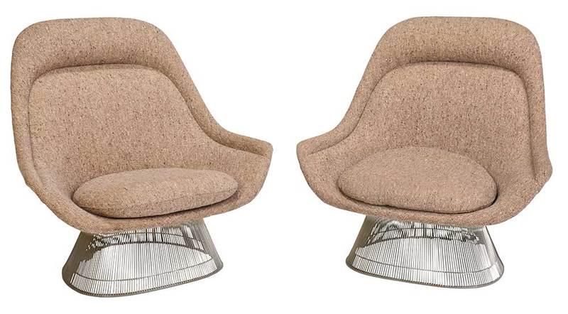 Pair of Platner Knoll High Back Lounge Chairs: American, late 20th century, each with chrome steel rod frames, oatmeal colored wool upholstery, loose seat cushions, labels for "Knoll International, New York, N.Y.", 39 x 41 x 30 in.