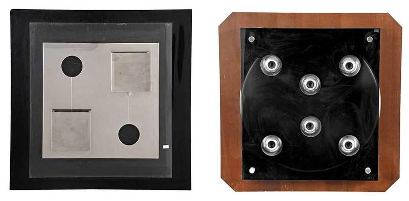Two Otello Ciullini EF Viareggio Wall Lights: Italian, 20th century, "Diaframma", signed "c. otell", 1976, pierced black acrylic panel, floated above a brushed and polished metal disk, with six sockets, mounted on veneered panel,˜manufactured by