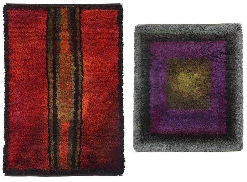 Two Friends of Finnish Handicrafts Tapestries: mid to late 20th century, high pile wool and cotton wall hanging, red borders, Handicraft label for Ritva Puotila, Helsinki, Finland, 73 x 49 in.; high pile geometric wool hanging in green and purple,