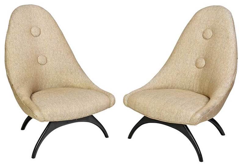 Pair of Mid Century Modern Upholstered Chairs: mid 20th century, in the style of Adrian Pearsall, with sloped high backs, and curved ebonized wood legs, oatmeal colored tweed upholstery, 40 in.