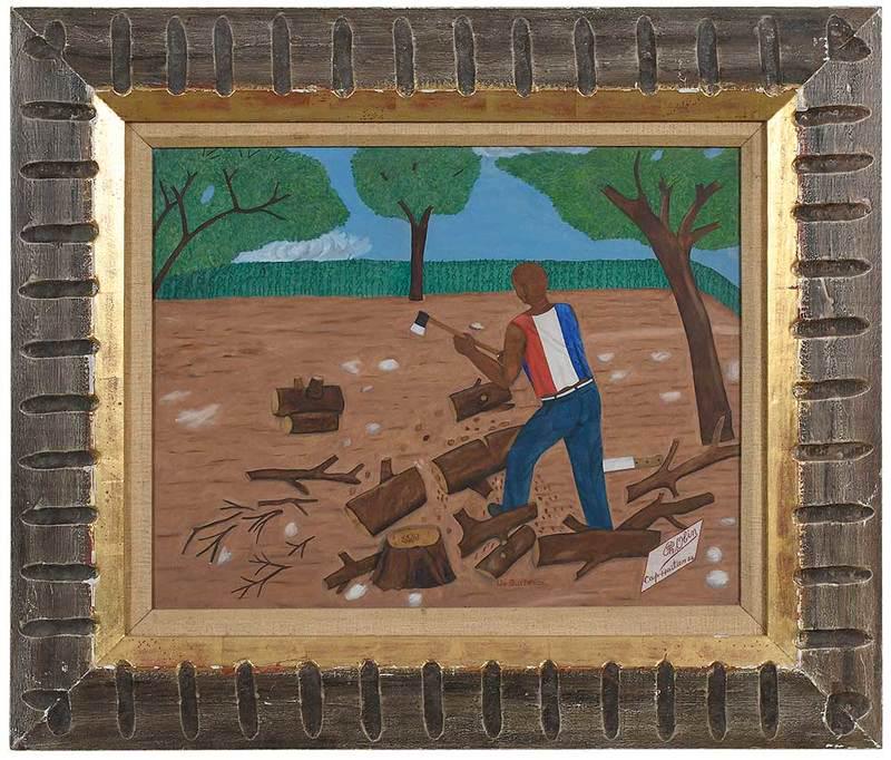 Philome Obin: (Haitian, 1892-1986)Un Bucheron, 1954, signed lower right "PH. Obin/Cap Haitien 54", oil on Masonite, 16 x 20 in.; chip carved and parcel gilt wood frame, 25-1/8 x 29-1/8 in., Provenance: A Private Fl