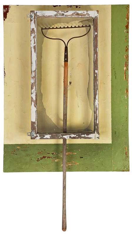 Willie Little: (North Carolina, born 1961)Rake the Yard, circa 2001, acrylic painting with multimedia constructions, 64 x 35-3/4 x 6-1/2 in., Provenance: A Corporate Collection