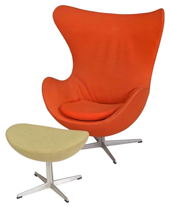 Arne Jacobsen Egg Chair and Ottoman: Denmark, mid 20th century, orange upholstered swivel high back armchair, loose seat cushion, on cast aluminum four legged base, 42 x 31 x 18 in.; with green upholstered ottoman, 16 x 21-1/4 in., Prove