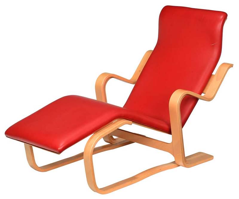 Marcel Breuer Long Chair: American, 20th century, laminated beech wood frame, red leather upholstery, 34 x 52 in., Provenance: Private Collection, Asheville, North Carolina