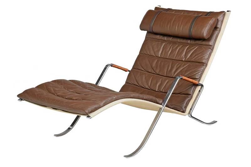 Fabricius and Kastholm Grasshopper Chaise Lounge: German/Danish, mid 20th century, with chrome plated steel arms and legs, with wicker trim to arms, with canvas and leather cushion and head rest, 32-1/2 x 28 x 57 in.˜
