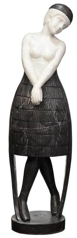 Art Deco Style Carved Stone Sculpture: (20th/21st century)Figure of a Flapper, unsigned,˜white and brown marble, 51 in., Provenance: Private Collection, Asheville, North Carolina