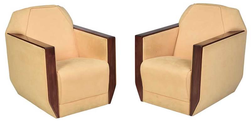Pair Art Deco Style Upholstered Chairs: late 20th century, each with mahogany arms and yellow cream microsuede upholstery,˜33-1/2 x 31˜ 27-1/2 in., Provenance: Private Collection, Asheville, North Carolina