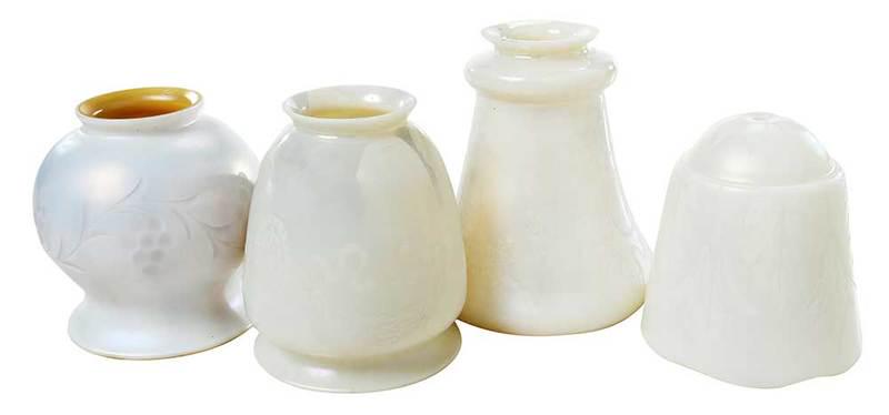 20 Steuben Etched Calcite Art Glass Shades: American, 20th century, four different shapes: five bell form, etched berry and leaf design, gold iridescent interior, three with silver stenciled Steuben marks to fitter, each approximately 4-1/2 in.