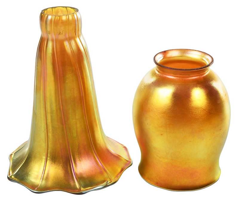 17 Gold Aurene Art Glass Shades, Some Steuben: American, 20th century, five opaque gold iridescent bell form shades, all with faint stenciled silver Steuben mark on fitter, each approximately 4-3/4 in.; twelve opaque gold iridescent tulip form sha