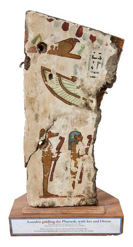 Egyptian Polychromed Gesso on Wood Stele Fragment: probably ancient, exact age unknown, wood covered in white gesso, and˜painted in red, blue, green, brown, and black, depicting˜a falcon at the top, with column of black painted hieroglyphic text to 