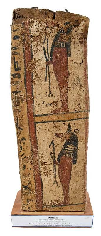 Egyptian Polychromed Gesso on Wood Stele Fragment: probably ancient, exact age unknown, wood covered in white gesso, and˜painted in red, yellow, and black, the left side of the fragment is decorated with a column of black painted hieroglyphic text, t