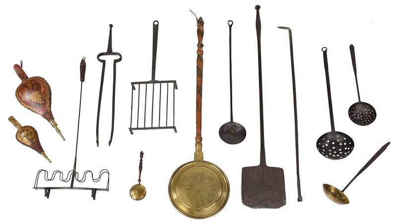 13 Cooking and Hearth Accessories, Wrought Iron: American, 19th century, including wrought iron peel; poker marked "W.S.Gale; tongs; three skimmers; brass and wrought ladle; iron grill; two paint decorated wood and brass bellows; small brass and woo