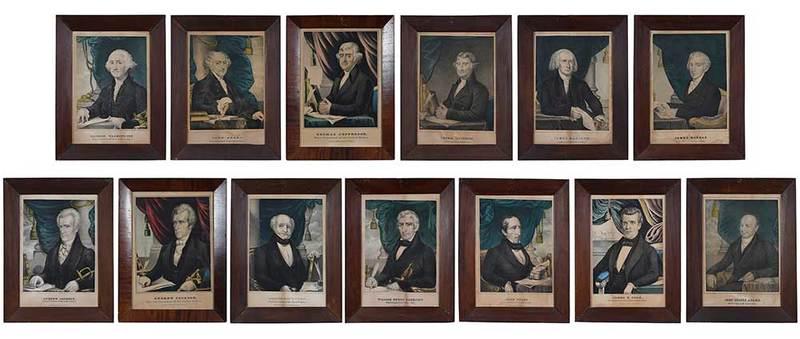 Nathaniel Currier: (New York/Massachusetts,Â˜1813-1888)Rare group of 13 portraits from The Presidents of the United States series, 1838-1856: George Washington, John Adams, Thomas Jefferson (2 versions), James Madison