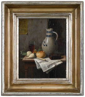 William Michael Harnett: (Pennsylvania/New York, 1848-1892)Still Life with Jug, Bread and Newspaper, 1881, signed "WMHarnett/Munchen 1881" upper left, oil on canvas, 10 x 8 in.; period carved gilt wood frame, 13-1/4 x 15-1/4