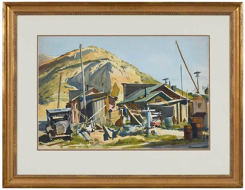 Ogden Minton Pleissner: (American, 1905-1983)Wyoming Shacks, Dubois, Wyoming, signed lower right "Pleissner", titled verso, watercolor on paper, 15-3/4 x 21-3/4 in.; modern carved gilt wood frame, 23-1/4 x 30 in., Provenance