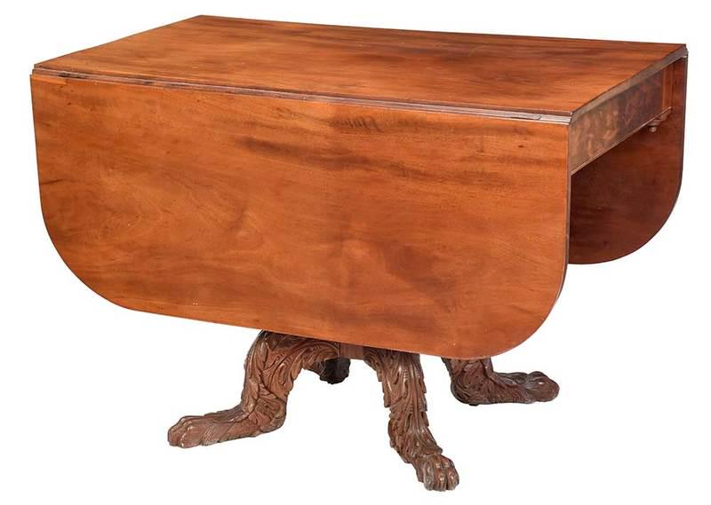 American Federal Mahogany Pedestal Table: circa 1825, carved urn pedestal with four carved animal legs and feet, 29-1/2 x 42 x 26 in., Provenance: By Direct Descent of Governor John Lawrence Manning and Sally Bland Clark Manning, Millford Pla