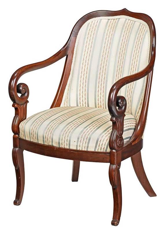 Historic Millford D. Phyfe & Son Carved Armchair: American, New York, purchased from the Duncan Phyfe shop in 1841 for Millford Plantation, dense figured mahogany frame with traces of original Rosewood grain painting, scrolled arms and tulip arm supp